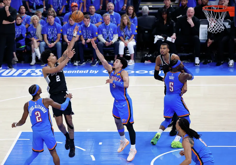 San Antonio Spurs guard Dylan Harper (2) scores two with a jump shot during the second half of Game 1 of the Western Conference Finals at Paycom Center in Oklahoma City, Monday, May 18, 2026. The Spurs defeated the Thunder 122-115 in double overtime.