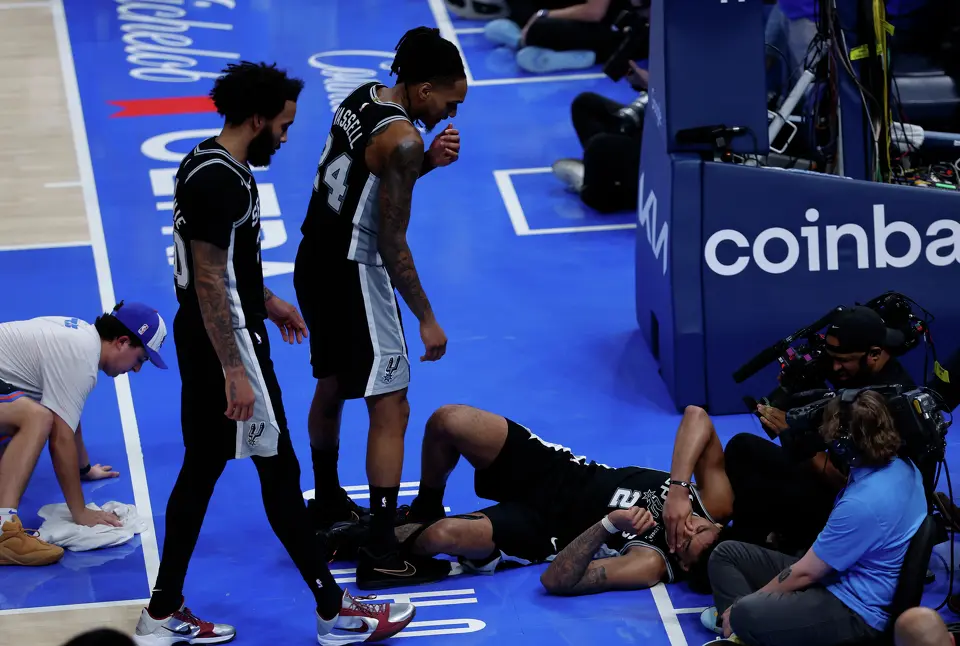 San Antonio Spurs guard Dylan Harper (2) is fouled and took a shot to the face during the second half of Game 1 of the Western Conference Finals at Paycom Center in Oklahoma City, Monday, May 18, 2026. The Spurs defeated the Thunder 122-115 in double overtime.