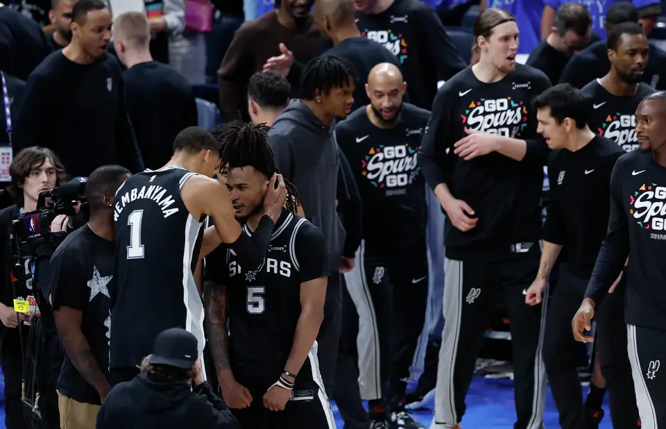 San Antonio Spurs forward Victor Wembanyama (1) and San Antonio Spurs guard Stephon Castle (5) celebrate a Game 1 win of the Western Conference Finals at Paycom Center in Oklahoma City, Monday, May 18, 2026. The Spurs defeated the Thunder 122-115 in double overtime.