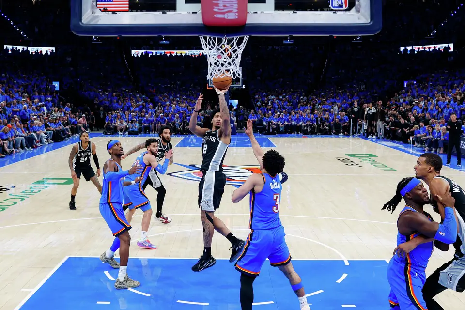 San Antonio Spurs guard Dylan Harper (2) takes a shot during Game 1 of the Western Conference Finals at Paycom Center in Oklahoma City, Monday, May 18, 2026. The Spurs defeated the Thunder 122-115 in double overtime.