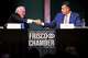 Frisco mayoral candidates Rod Vilhauer (left) and Mark Hill shake hands during a candidate forum at Grace Church Frisco on Monday, May 18, 2026.
