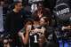 San Antonio Spurs forward Victor Wembanyama (1) celebrates with teammates after winning Game 1 in a third-round NBA basketball playoffs series against the Oklahoma City Thunder Monday, May 18, 2026, in Oklahoma City.