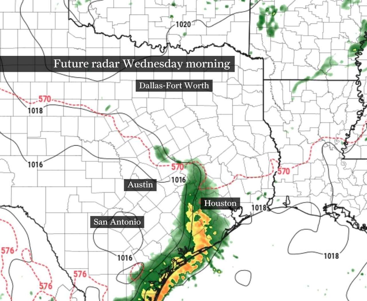 This map of Texas shows a weakening line of showers and storms pushing across Southeast Texas Wednesday morning. Behind this line of storms, quieter conditions should briefly take hold Wednesday afternoon.