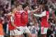 Arsenal's Viktor Gyoekeres, second left, celebrates with Arsenal's Declan Rice, centre, Arsenal's Leandro Trossard, left, and Arsenal's Eberechi Eze after scoring his side's third goal during the English Premier League soccer match between Arsenal and Fulham in London, England, Saturday, May 2, 2026.