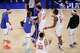 New York Knicks guard Landry Shamet (44) celebrates with teammates after scoring a three-point basket during the first overtime of Game 1 in the Eastern Conference finals NBA basketball playoffs series against the Cleveland Cavaliers, Tuesday, May 19, 2026, in New York.