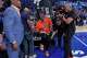 Spike Lee celebrates during a break in the second half of Game 1 in the Eastern Conference finals NBA basketball playoffs series between the New York Knicks and the Cleveland Cavaliers, Tuesday, May 19, 2026, in New York.