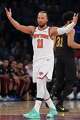 New York Knicks' Jalen Brunson reacts after a basket during the second half of Game 1 in the Eastern Conference finals NBA basketball playoffs series against the Cleveland Cavaliers, Tuesday, May 19, 2026, in New York.