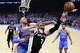 Oklahoma City Thunder center Isaiah Hartenstein (55) fouls San Antonio Spurs center Luke Kornet (7) during the first half of Game 1 in a third-round NBA basketball playoffs series Monday, May 18, 2026, in Oklahoma City.