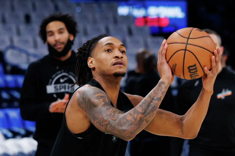 San Antonio Spurs guard Devin Vassell participates in shootaround at Paycom Center in Oklahoma City, Wednesday, May 20, 2026, as the team prepares for Game 2 of the Western Conference Finals against the Oklahoma City Thunder. The Spurs defeated the Thunder 122-115 in double overtime in Game 1 and are now leading the series 1-0.