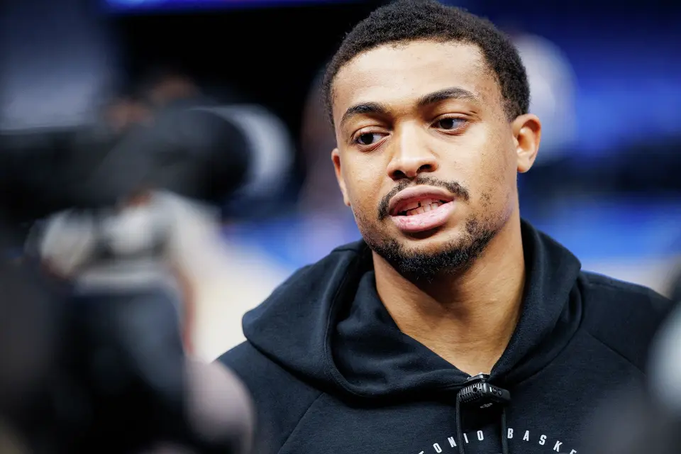 San Antonio Spurs forward Keldon Johnson answers questions from reporters after participating in a team shootaround at Paycom Center in Oklahoma City, Wednesday, May 20, 2026, to prepare for Game 2 of the Western Conference Finals against the Oklahoma City Thunder. The Spurs defeated the Thunder 122-115 in double overtime in Game 1 and are now leading the series 1-0.