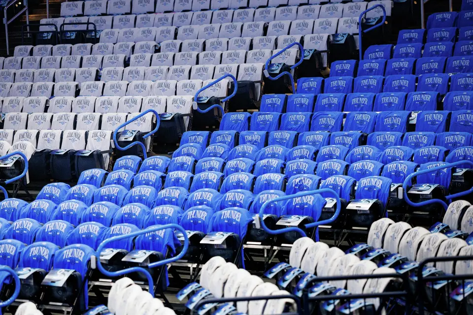 T-shirts are laid out on seats at Paycom Center in Oklahoma City, Wednesday, May 20, 2026, ahead of Game 2 of the Western Conference Finals between the Oklahoma City Thunder and the San Antonio Spurs.