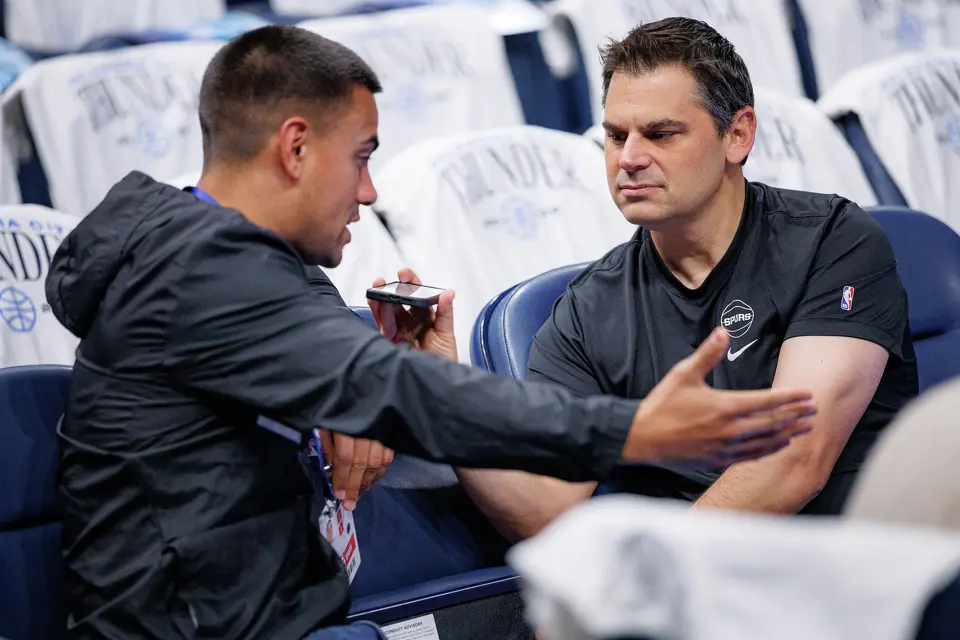 San Antonio Spurs radio host Dan Weiss, right, interviews Spurs play-by-play announcer Jacob Tobey at Paycom Center in Oklahoma City, Wednesday, May 20, 2026, as the team prepares for Game 2 of the Western Conference Finals against the Oklahoma City Thunder.