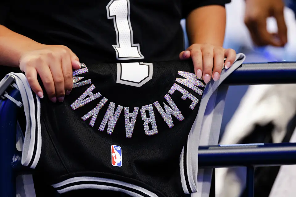 A Spurs fan with a bedazzled Wembanyama jersey before Game 2 of the Western Conference Finals at Paycom Center in Oklahoma City, Wednesday, May 20, 2026.