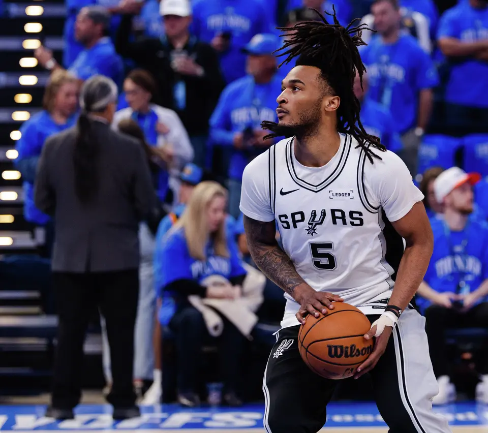 San Antonio Spurs guard Stephon Castle (5) warms up before Game 2 of the Western Conference Finals at Paycom Center in Oklahoma City, Wednesday, May 20, 2026.