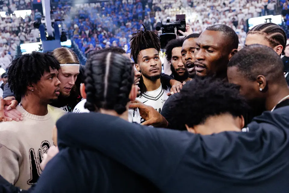 San Antonio Spurs guard Stephon Castle (5) looks up as the Spurs huddle before Game 2 of the Western Conference Finals at Paycom Center in Oklahoma City, Wednesday, May 20, 2026.