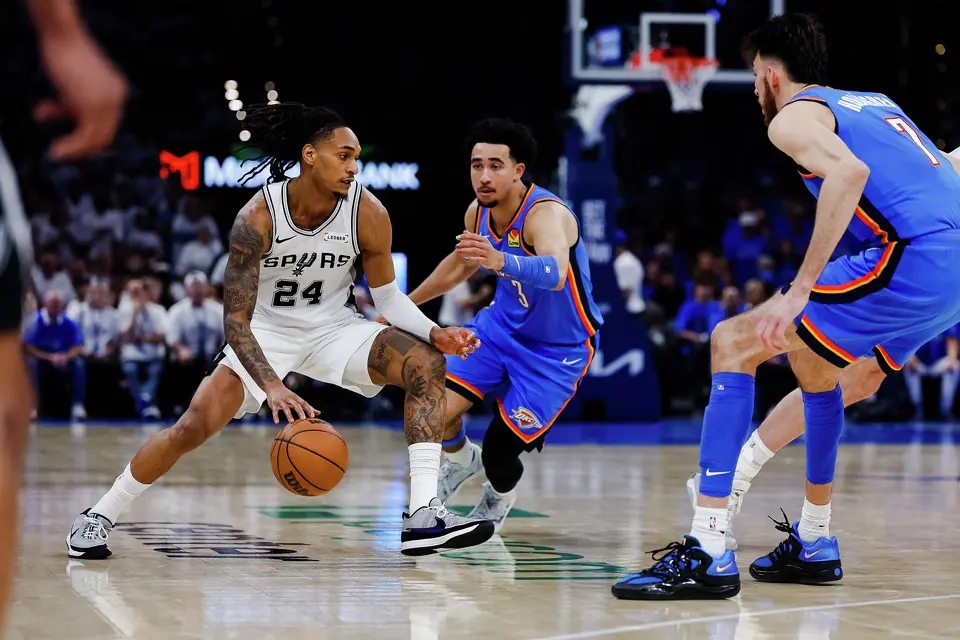 San Antonio Spurs guard Devin Vassell (24) dribbles the ball during the third quarter of Game 2 of the Western Conference Finals at Paycom Center in Oklahoma City, Wednesday, May 20, 2026.