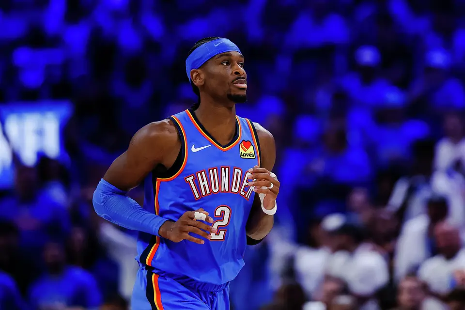 Oklahoma City Thunder guard Shai Gilgeous-Alexander (2) runs down the court during the third quarter of Game 2 of the Western Conference Finals at Paycom Center in Oklahoma City, Wednesday, May 20, 2026.