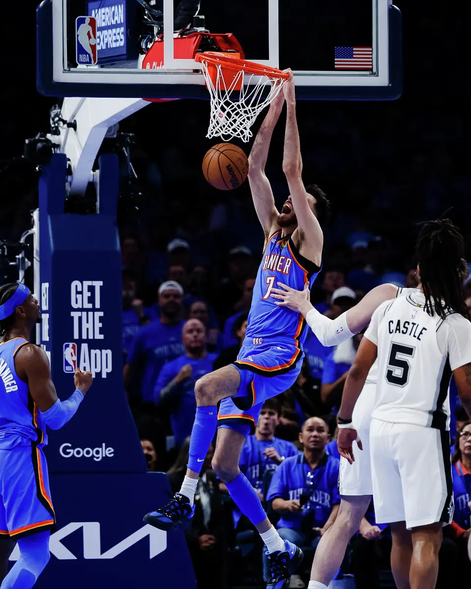 Oklahoma City Thunder center Chet Holmgren (7) dunks the ball during the third quarter of Game 2 of the Western Conference Finals at Paycom Center in Oklahoma City, Wednesday, May 20, 2026.