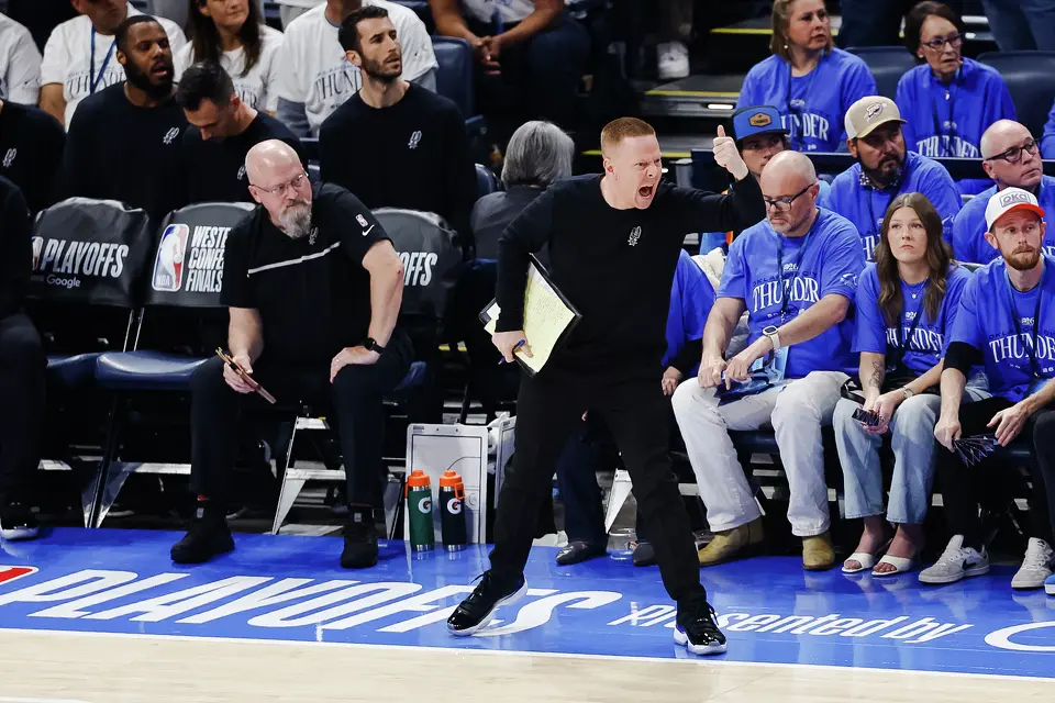 San Antonio Spurs assistant coach Sean Sweeney reacts a play during the first half of Game 2 of the Western Conference Finals at Paycom Center in Oklahoma City, Wednesday, May 20, 2026.