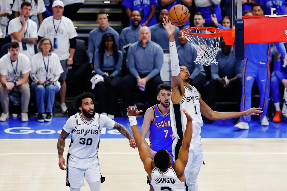 San Antonio Spurs forward Victor Wembanyama (1) goes up to the basket during the first half of Game 2 of the Western Conference Finals at Paycom Center in Oklahoma City, Wednesday, May 20, 2026.