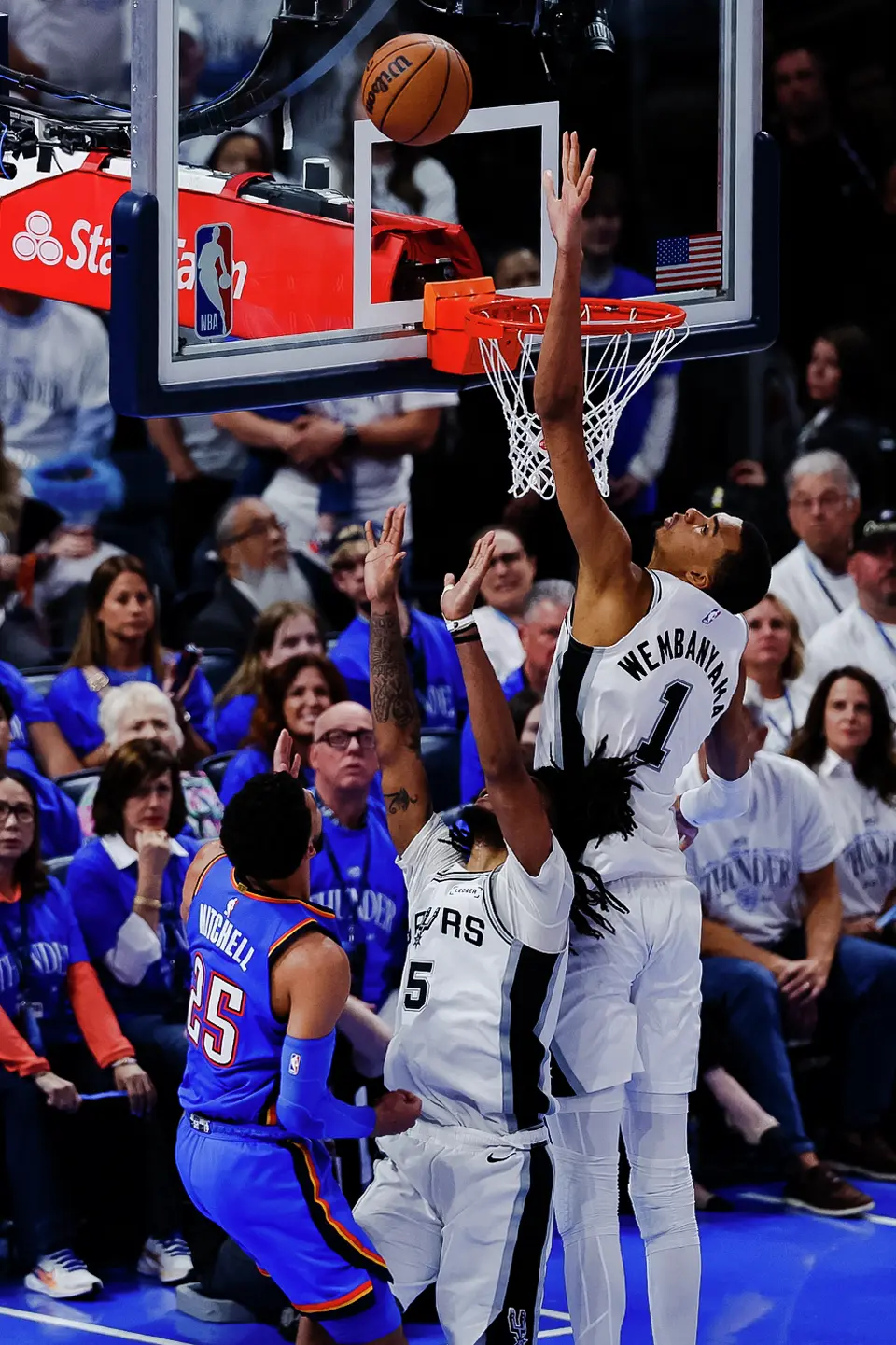 San Antonio Spurs forward Victor Wembanyama (1) reaches up for a block during the fourth quarter of Game 2 of the Western Conference Finals at Paycom Center in Oklahoma City, Wednesday, May 20, 2026. The San Antonio Spurs fell 122-113 to the Oklahoma City Thunder.