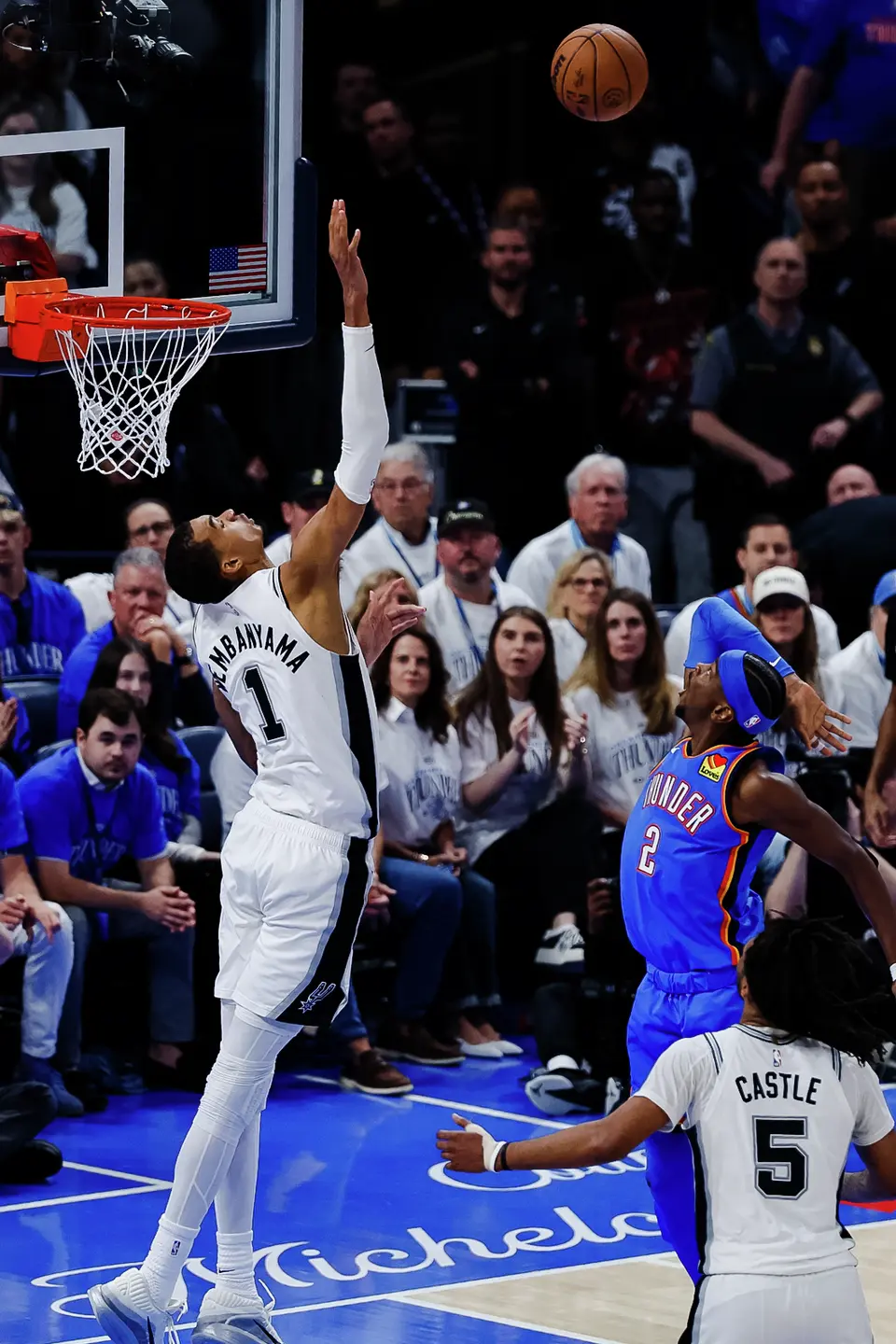 San Antonio Spurs forward Victor Wembanyama (1) reaches up for a block during the fourth quarter of Game 2 of the Western Conference Finals at Paycom Center in Oklahoma City, Wednesday, May 20, 2026. The San Antonio Spurs fell 122-113 to the Oklahoma City Thunder.