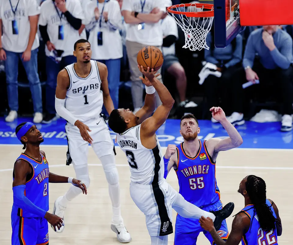 San Antonio Spurs forward Keldon Johnson (3) goes up for a shot during the fourth quarter of Game 2 of the Western Conference Finals at Paycom Center in Oklahoma City, Wednesday, May 20, 2026. The San Antonio Spurs fell 122-113 to the Oklahoma City Thunder.