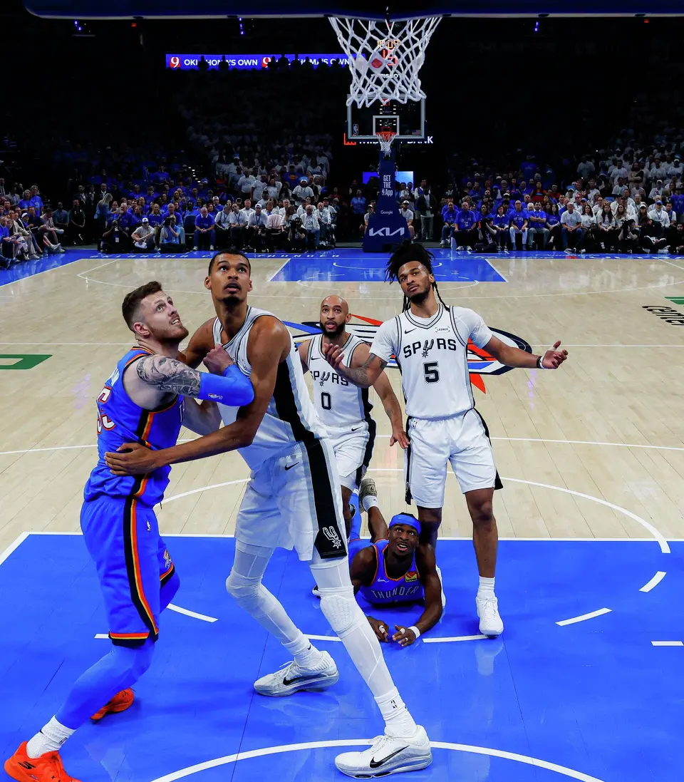 Oklahoma City Thunder guard Shai Gilgeous-Alexander (2) watches his shot after being fouled by San Antonio Spurs guard Jordan McLaughlin (0) during Game 2 of the Western Conference finals at Paycom Center in Oklahoma City on Wednesday, May 20, 2026.