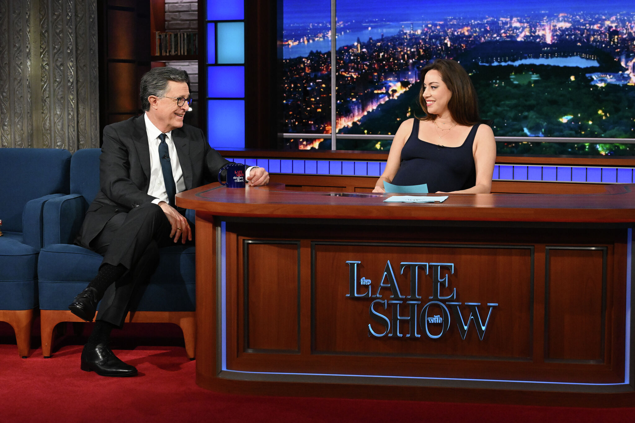 Aubrey Plaza appears very pregnant on Stephen Colbert’s final week