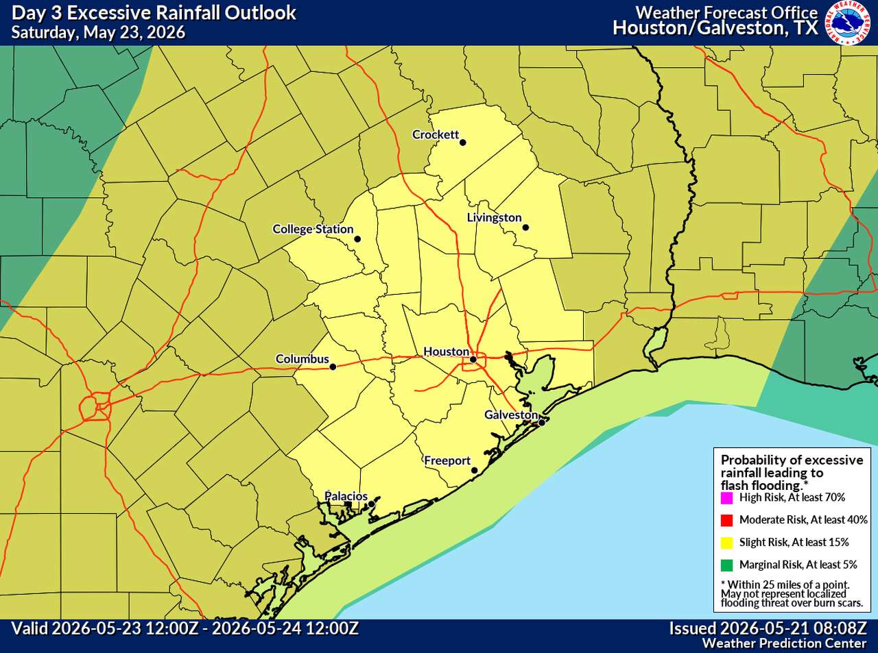 Houston's flood potential peaks Saturday into Sunday as the next organized thunderstorm cluster moves into Southeast Texas.