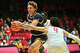 ALBUQUERQUE, NEW MEXICO - OCTOBER 30: Isaiah Shaw #24 of the Northern Arizona Lumberjacks drives to the basket against Uriah Tenette #4 of the New Mexico Lobos during the first half of an exhibition game at The Pit.