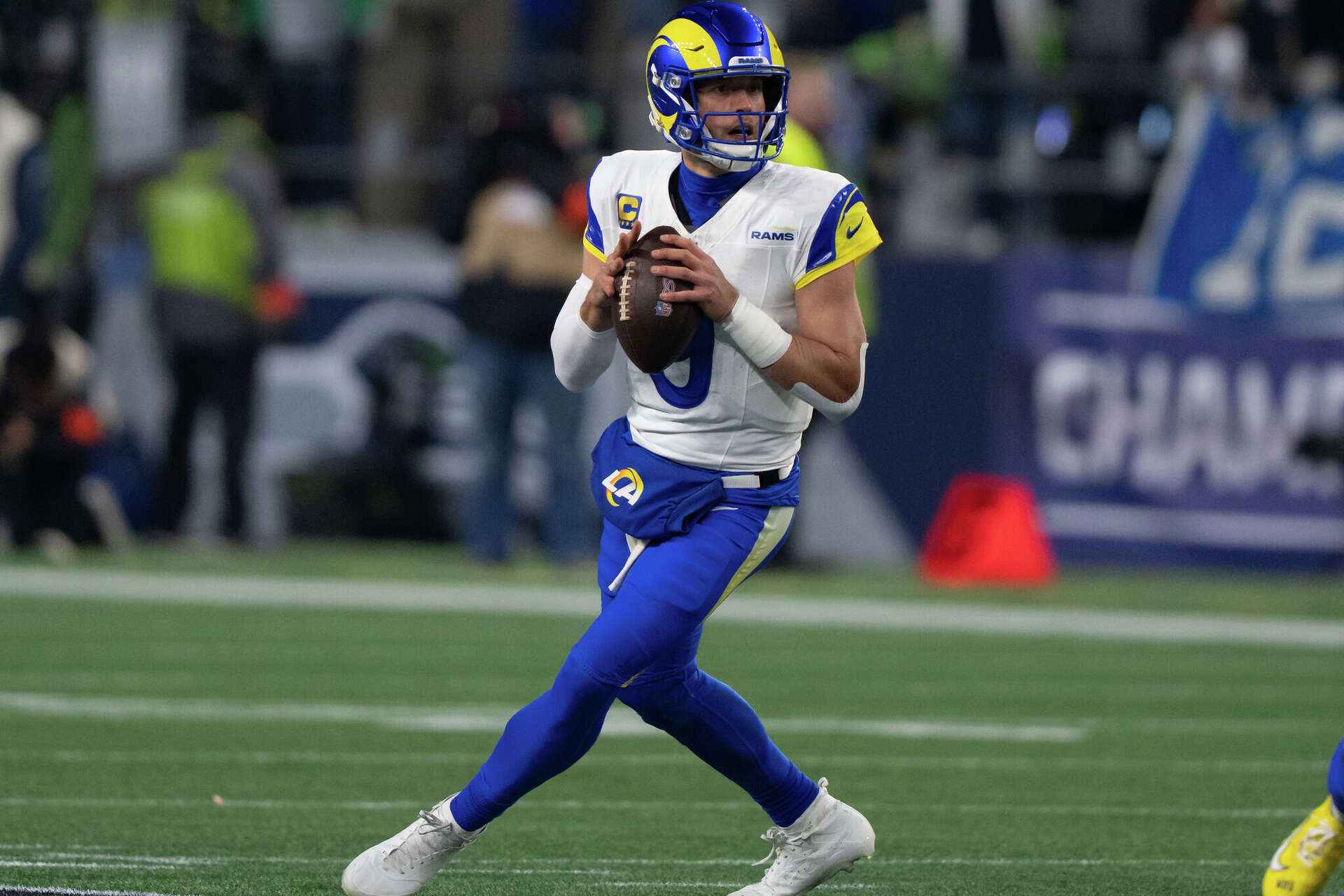 FILE - Los Angeles Rams quarterback Matthew Stafford drops back to pass during a NFC Championship football game against the Seattle Seahawks, Jan. 25, 2026, in 
