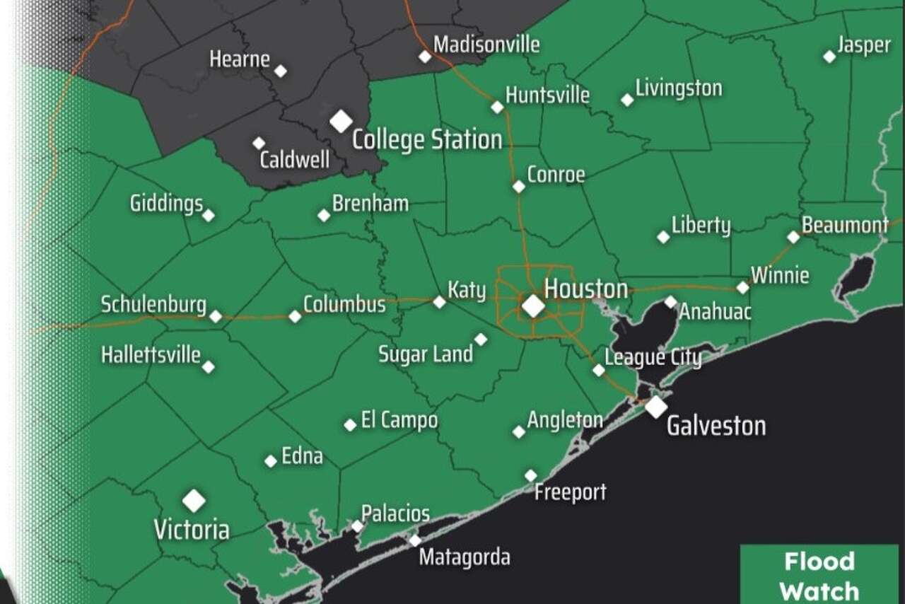 A flood watch remains in effect through Monday evening for portions of Southeast Texas, including Austin, Colorado, Waller, Harris, Liberty, Montgomery, Jackson, Matagorda, Wharton, Fort Bend, Brazoria, and Galveston counties.