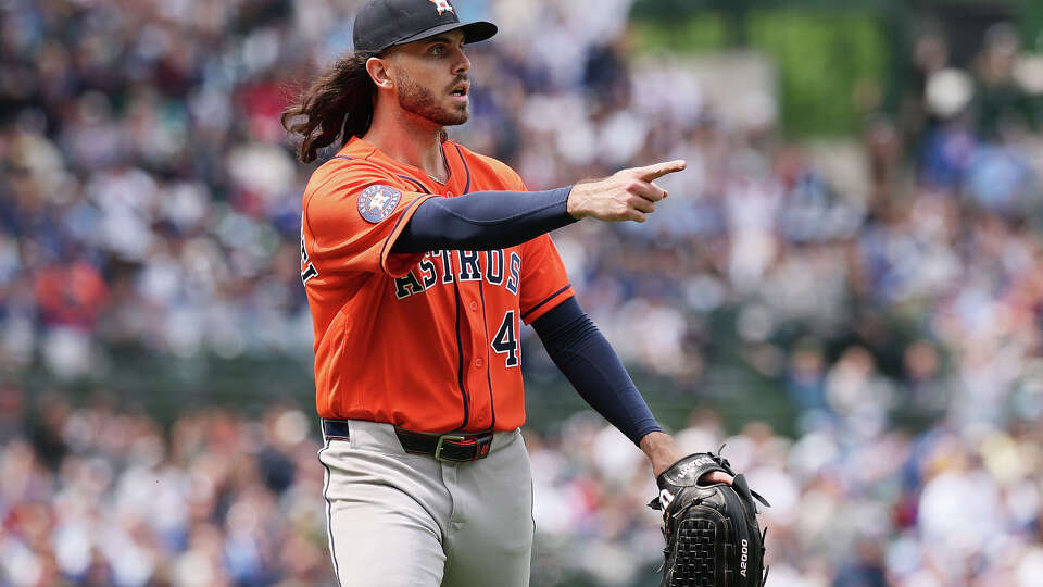 Spencer Arrighetti of the Houston Astros reacts against the Chicago Cubs during the third inning at Wrigley Field on May 22, 2026 in Chicago, Illinois.