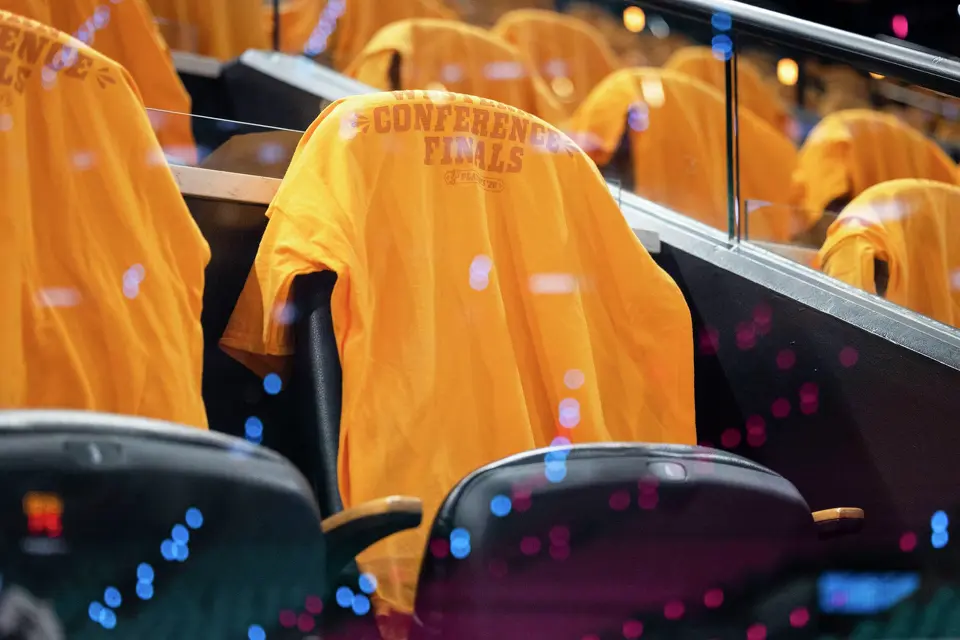 Fiesta-themed shirts line the seats prior to the start of Game 3 of the Western Conference Finals at Frost Bank Center in San Antonio on Friday, May 22, 2026.