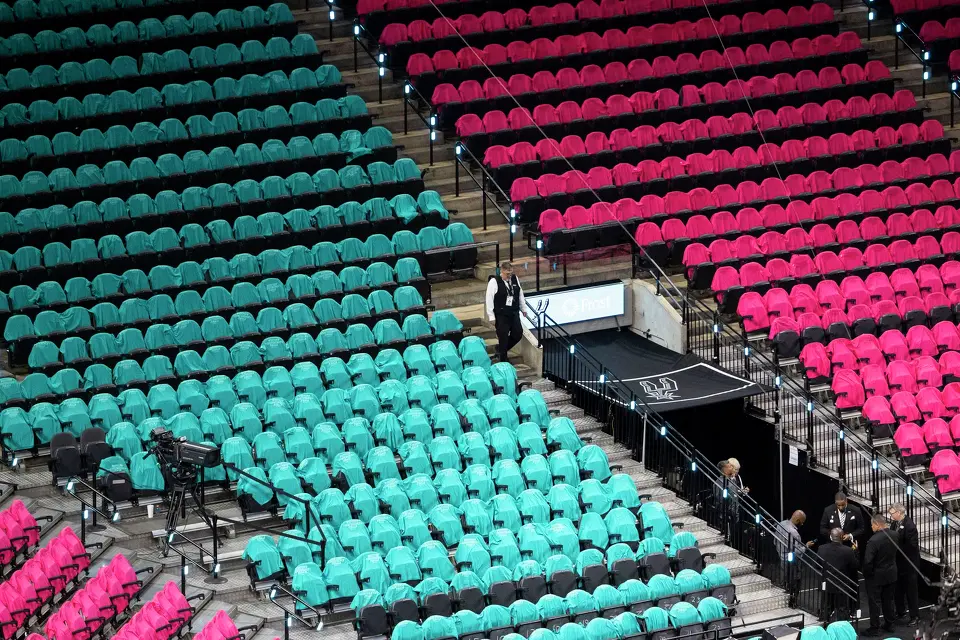 Fiesta-themed shirts line the seats prior to the start of Game 3 of the Western Conference Finals at Frost Bank Center in San Antonio on Friday, May 22, 2026.