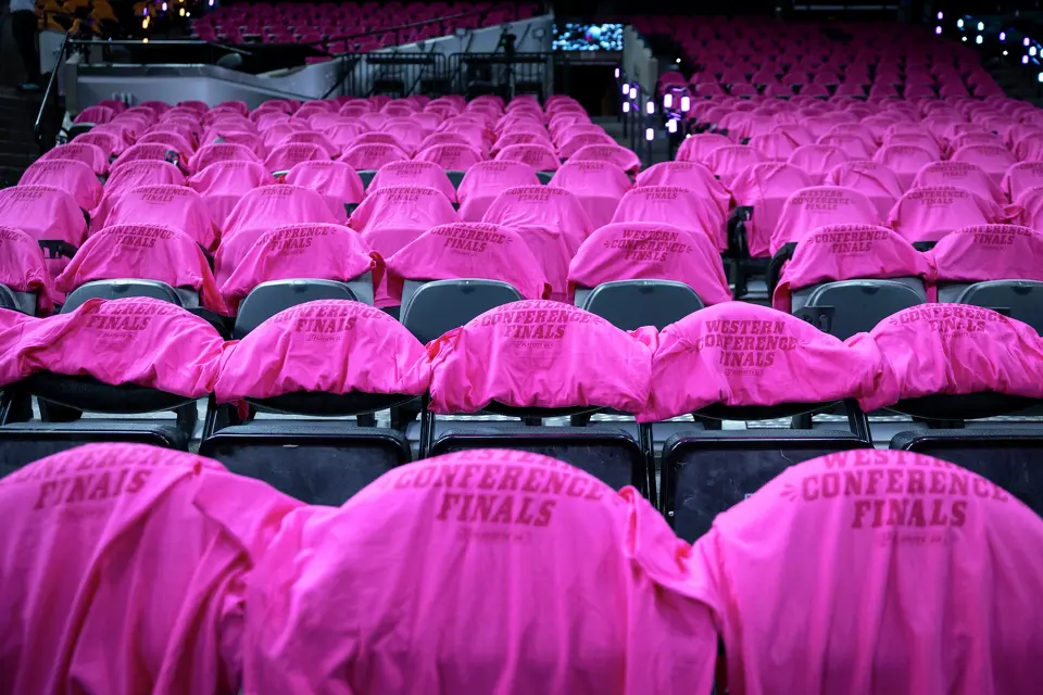 Fiesta-themed shirts line the seats prior to the start of Game 3 of the Western Conference Finals at Frost Bank Center in San Antonio on Friday, May 22, 2026.