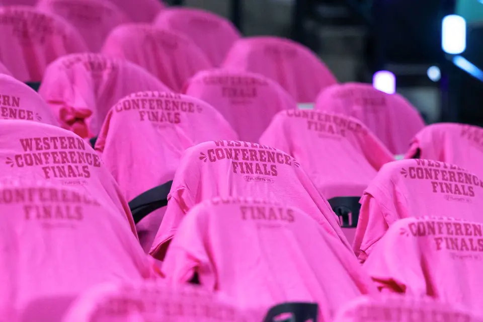 Fiesta-themed shirts line the seats prior to the start of Game 3 of the Western Conference Finals at Frost Bank Center in San Antonio on Friday, May 22, 2026.
