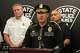New Mexico State Police Chief Matt Broom, center, provides updates during a news conference in Albuquerque, New Mexico, on Friday, May 22, 2026 about an investigation into the deaths of three people in Torrance County and a potential fentanyl exposure for first responders who answered the call. The investigation is ongoing.