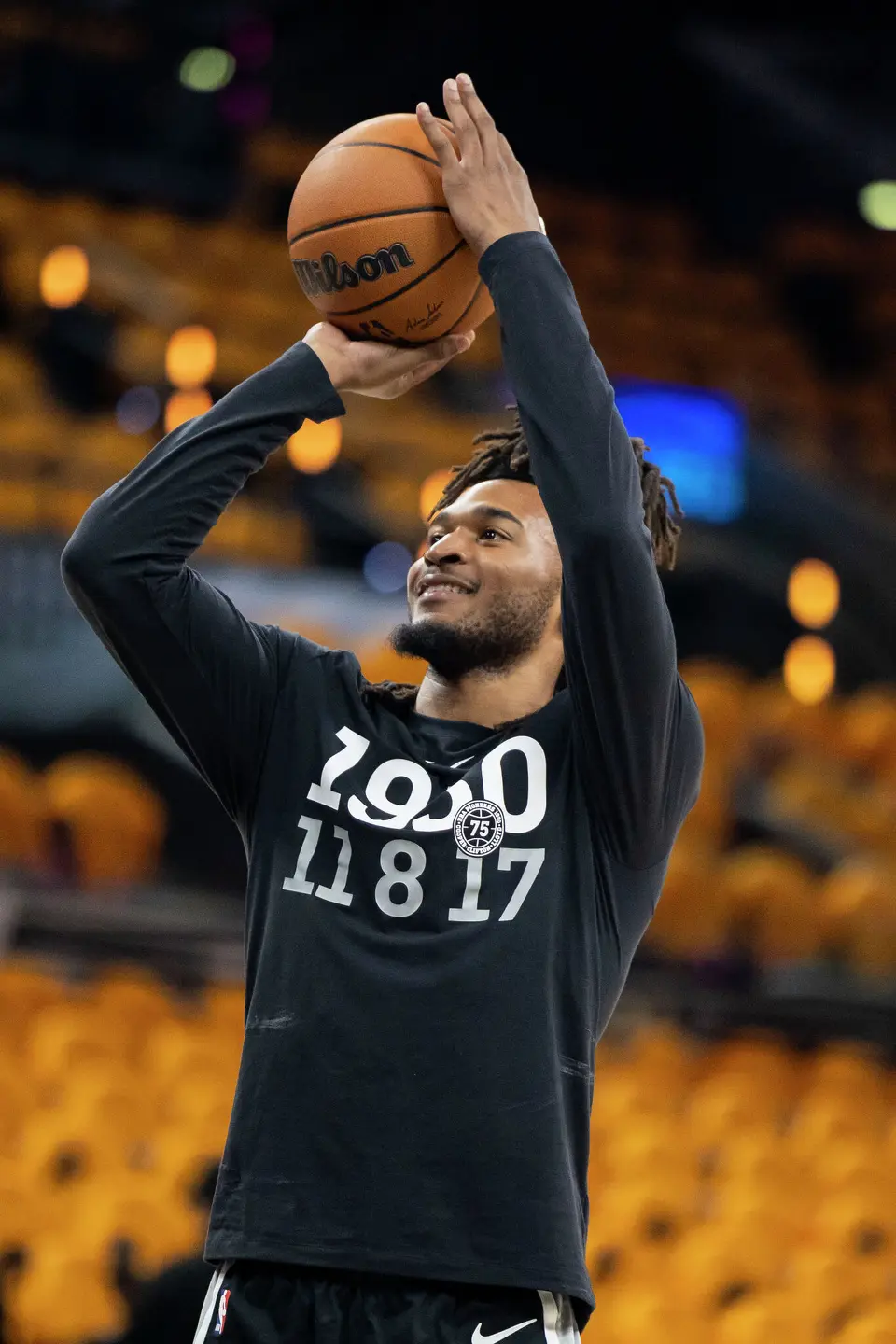 San Antonio Spurs guard Stephon Castle (5) warms up prior to the start of Game 3 of the Western Conference Finals at Frost Bank Center in San Antonio on Friday, May 22, 2026.