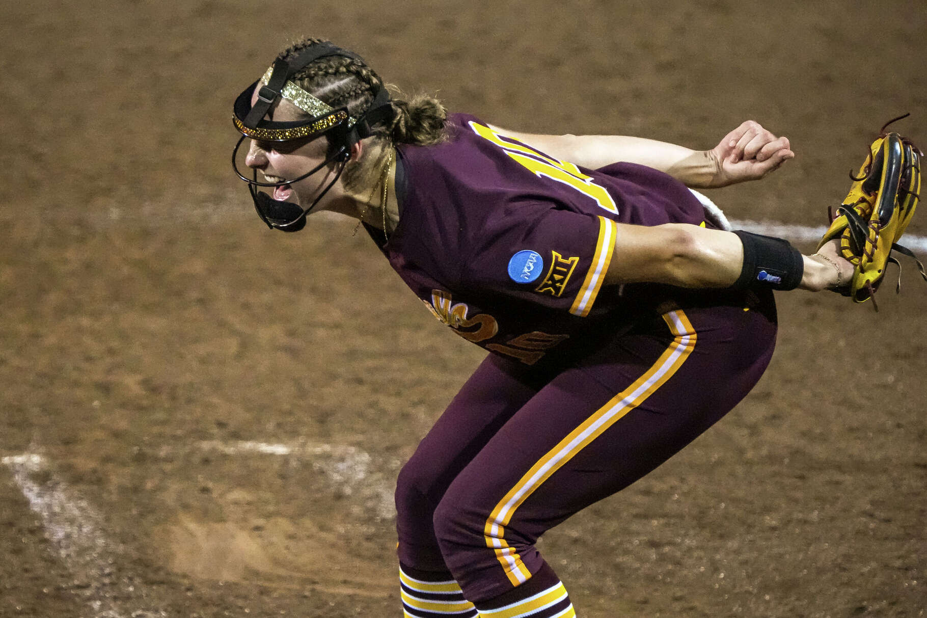 Arizona State pitcher Kenzie Brown (10) celebrates a final strikeout during the NCAA Softball Championship Super Regional against Texas at Red & Charline McCombs Field on Friday, May 22, 2026 in Austin.