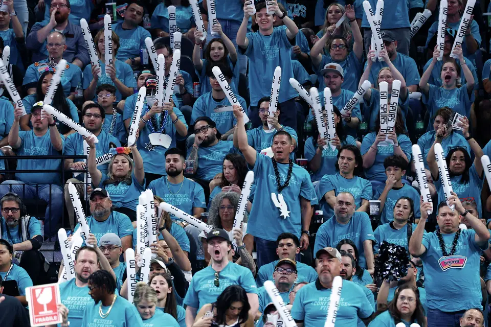 San Antonio Spurs fans root on their team during the second half of Game 3 of the Western Conference Finals at Frost Bank Center in San Antonio, Friday, May 22, 2026. The Spurs fell 123-108 to the Thunder, who now lead the series 2-1.