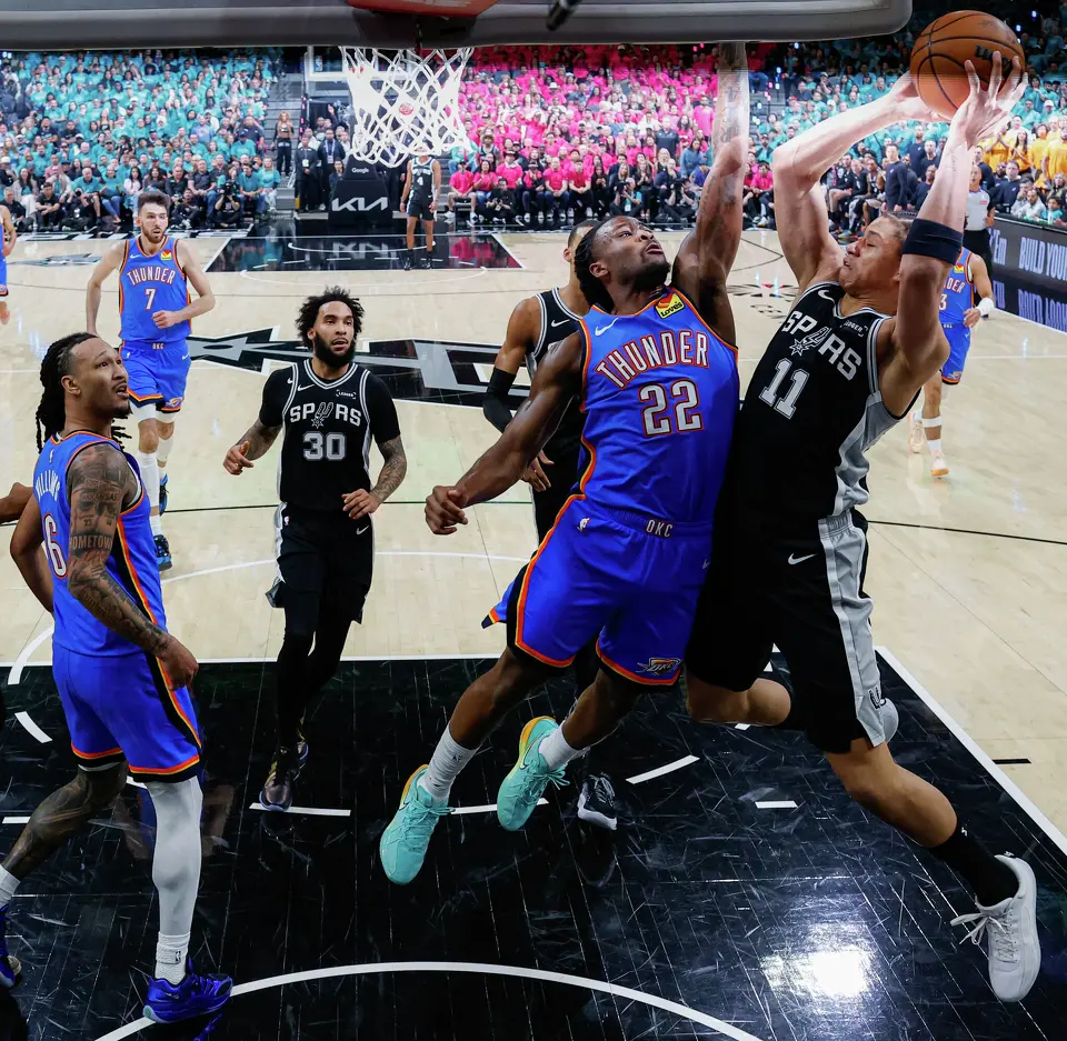during Game 3 of the Western Conference Finals at Frost Bank Center in San Antonio, Friday, May 22, 2026. The Spurs fell 123-108 to the Thunder, who now lead the series 2-1.