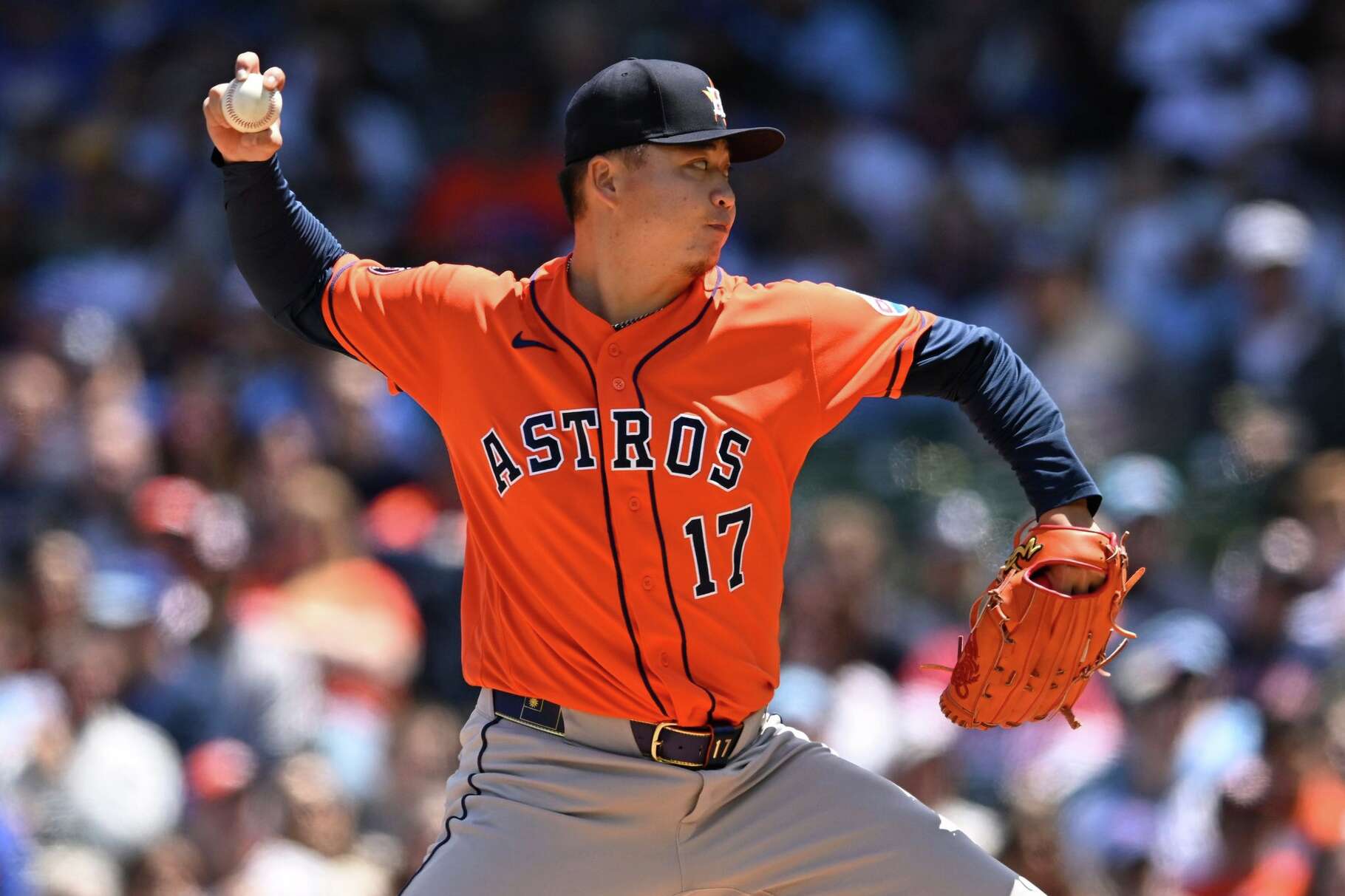Houston Astros starter Kai-Wei Teng delivers a pitch during the first inning of a baseball game against the Chicago Cubs in Chicago, Saturday, May 23, 2026. (AP Photo/Paul Beaty)