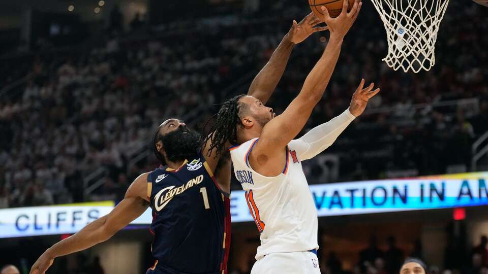 New York Knicks guard Jalen Brunson (11) shoots against Cleveland Cavaliers guard James Harden (1) during the first half of Game 3 in the Eastern Conference finals NBA basketball playoffs series in Cleveland, Monday, May 24, 2027.