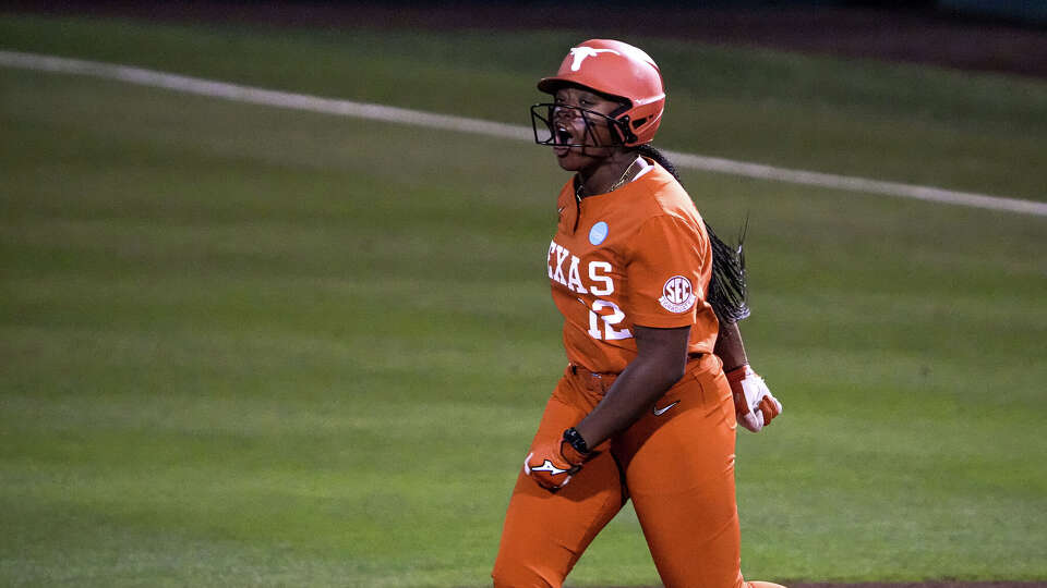 Texas Longhorns designated player Victoria Hunter (12) celebrates a home run during the NCAA Softball Championship Super Regional against Arizona State at Red & Charline McCombs Field on Saturday, May 23, 2026 in Austin.