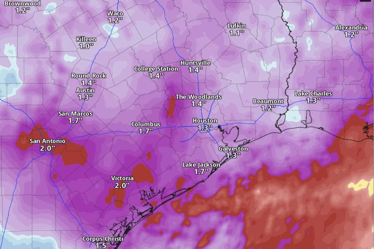 Cumulative rainfall through 7 p.m. Thursday could reach an inch to 2 inches across Southeast Texas, according to the National Blend of Models, a composite weather forecast model.