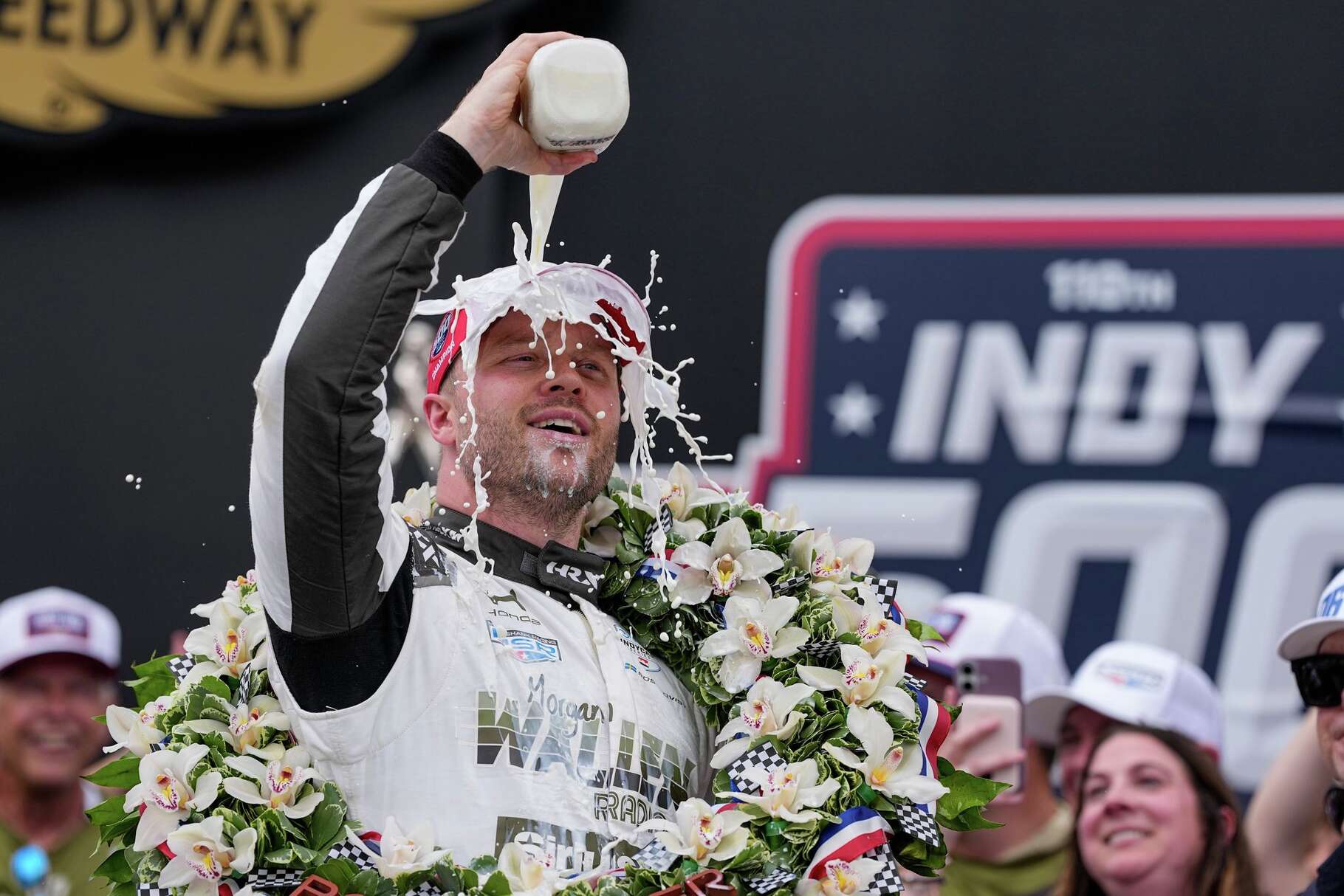 Felix Rosenqvist, of Sweden, celebrates after winning the Indianapolis 500 auto race at Indianapolis Motor Speedway in Indianapolis, Sunday, May 24, 2026.