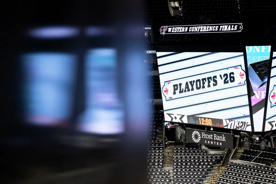 Graphics are displayed on the Jumbotron prior to the start of Game 4 of the Western Conference Finals at Frost Bank Center in San Antonio on Sunday, May 24, 2026.