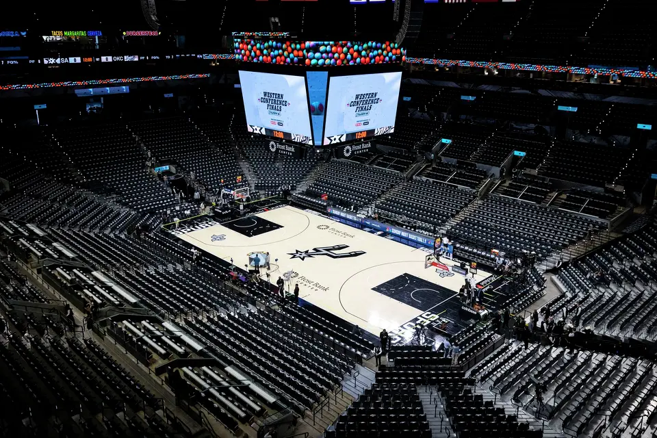 Rally towels line the seats prior to the start of Game 4 of the Western Conference Finals at Frost Bank Center in San Antonio on Sunday, May 24, 2026.